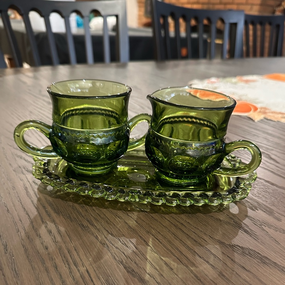 Vintage Indiana Glass Kings Crown Cream, Sugar and Tray Set, Retro Kitsch